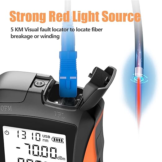Optical Power Meter with Visual Fault Locator, Fiber Light Meter with Cable Tester Function and Li-ion Battery USB Charge for FC/SC/ST Universal Interface