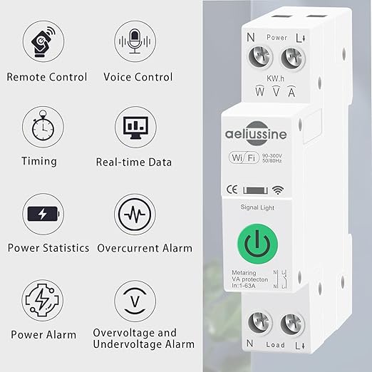 WiFi Smart Switch, 1-63A Adjustable WiFi Circuit Breaker, Smart Life/Tuya APP Remote Control Monitor Voltage Power Energy Usage, Compatible with Alexa Google Home, DIN Rail Mountable