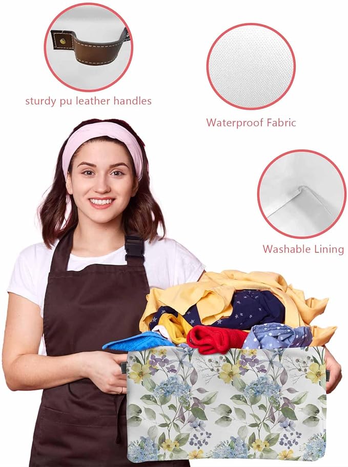 Vintage Spring Floral Storage Bins Cubes Waterproof Cloth Storage Basket, Farmhouse Flowers Watercolor Foldable Storage Bags for Shelf Closet Clothes Storages Organizers with Handles 15x11x9.5 in 2PCS