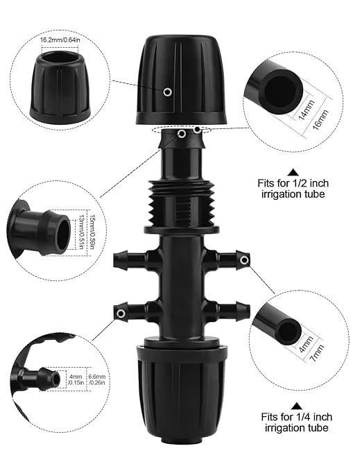 Kalolary 10PCS Barbed Tee 1/2 inch to 1/4 inch Irrigation Tube Anti-Drop Premiun Quality Fitting (fits 13mm ID/ 4mm ID), 16mm PE Pipe Lock Female Connector to 47 Pipe Variable Diameter Six-Way Adapter