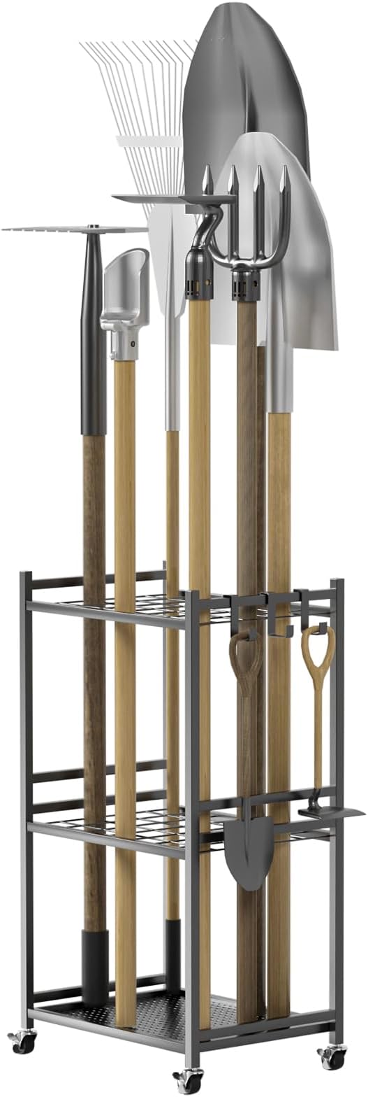 Garden Tool Organizer Stand, 35 Slots Storage Rack with lockable Wheels and Hooks, Iron Construction, 4 Shelves Fit for Long-Handled Tools/Rakes/Brooms