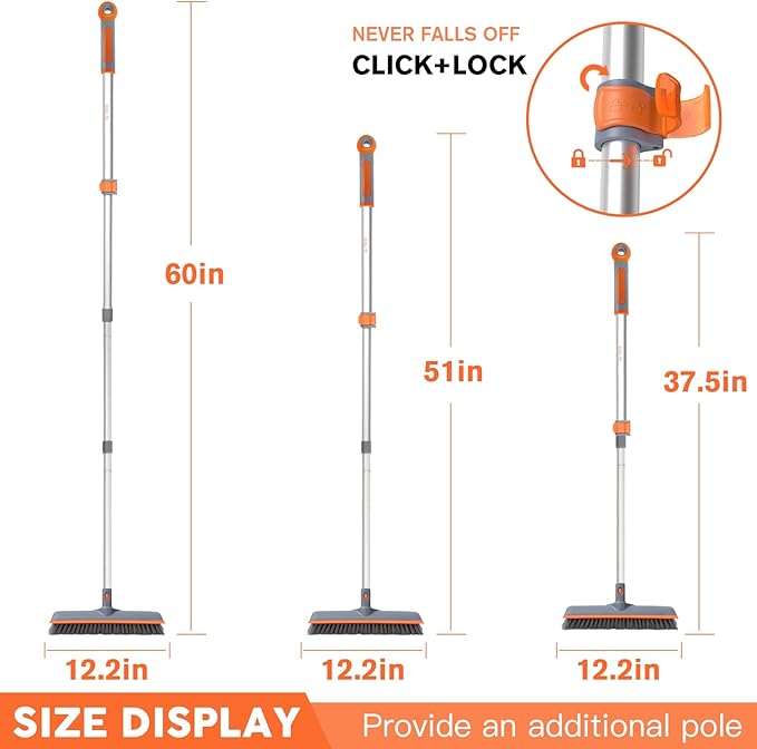 Eazer 2-in-1 Floor Scrub Brush with Long Handle, Soft/Hard Bristle Concrete Deck Brush with Squeegee, Garage Floor Cleaner for Tile/Concrete, Indoor/Outdoor Kitchen Bathroom Pool Deck -12" W/60 H
