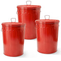 Plexon 20 Gallon Metal Trash Can with Lid Outdoor Large Trash Bin Steel Garbage Can for Garage Patio Farmhouse Bucket Bird Seed Storage Can Heavy Duty Round Container, Red 3 Pack