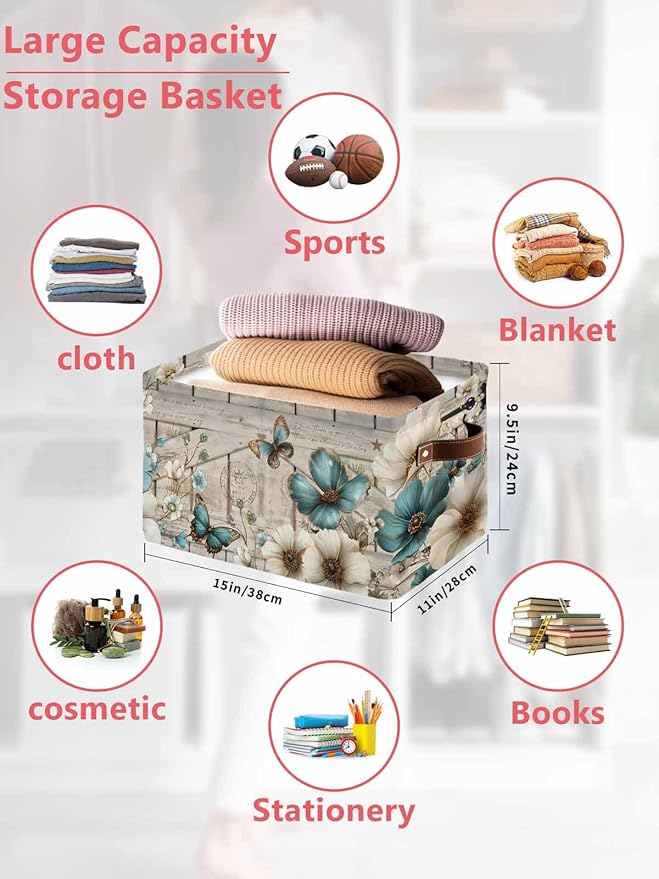 Teal Tulip Butterfly Storage Bins Cubes Waterproof Cloth Storage Basket,Beige Turquoise Floral Farmhouse Wooden Foldable Storage Bags for Shelf Storages Organizers with Handles 15x11x9.5 in 2PCS
