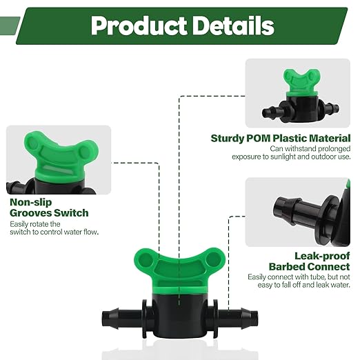 Kalolary 1/4" Drip Irrigation Valves, 30PCS Drip Line Barbed Valves Fittings Garden Shut Off Switch Valve for 4/7mm Tube Water Flow Control Drip Line Parts Cut Off Valve for Watering System (Green)
