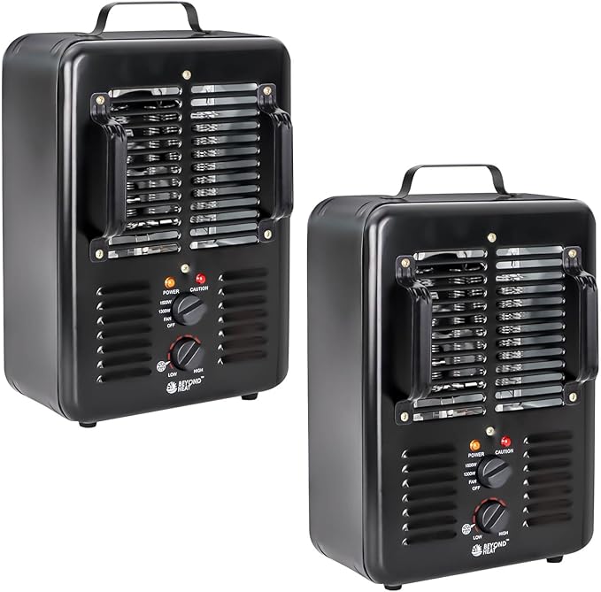 BEYOND HEAT Milkhouse Space Heater, 1300W/1500W Electric Heater with Thermostat, 3 Heat Settings, Safe and Quiet Heater for Garage Workshop Warehouse, Black 2-Pack