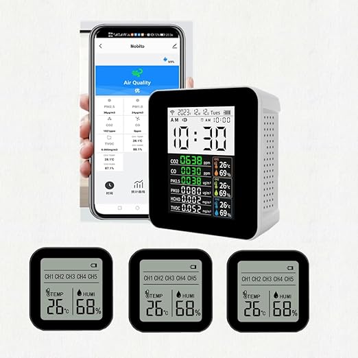 16-in-1 Smart WiFi Air Quality Monitor CO2 CO TVOC HCHO PM2.5 PM10 & Weather Stations Wireless Indoor Outdoor Thermometer with Multiple sensors,Air Quality Tester for Bedroom, Smart Home 2CO15-3