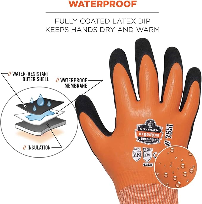 Ergodyne ProFlex 7551 Waterproof Winter Work Gloves, Cut Resistant ANSI A5, Sandy Nitrile Coated Palms, Thermal Fleece Lining, 12-Pack