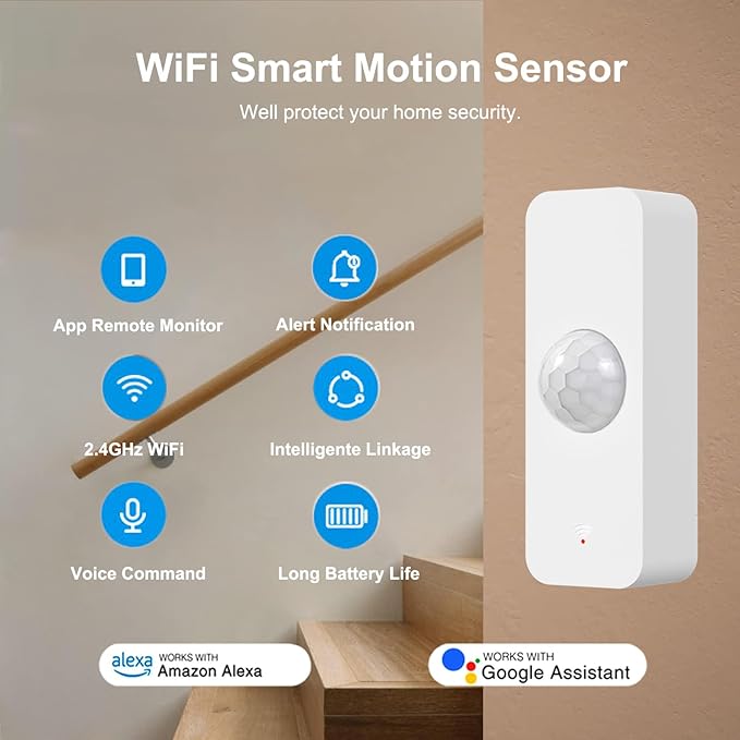 WiFi Motion Sensor, Smart Motion Detector for Home Security, Wireless Motion Sensor App Remote Monitor, Voice Command Compatible with Alexa. 1 Pack