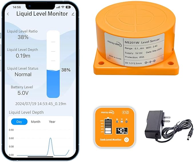 Moray Smart WiFi Water Level Sensor Water Tank Level Monitor Oil Tank Gauge Sensor , Automatic Alarm Indicator for Tuya Smart Life Mobile APP Smart Home Remote IP65 Waterproof (ME201R)