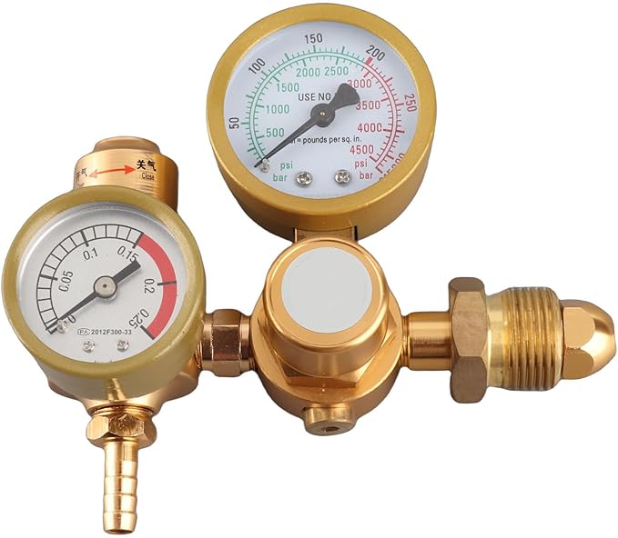 Gas Welding Regulator Argon CO2 Gauge TIG MIG Flowmeter High Precision Adjustable Pressure Reducing Valve with Double Gauge 4500psi Cylinder Pressure 1/4in Outlet 6.605GPM f