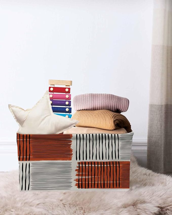 Brown Striped Storage Bins Cubes Waterproof Cloth Storage Basket, Farmhouse Stripes Modern Abstract Art Foldable Storage Bags for Shelf Clothes Storages Organizers with Handles 15x11x9.5 in 2PCS