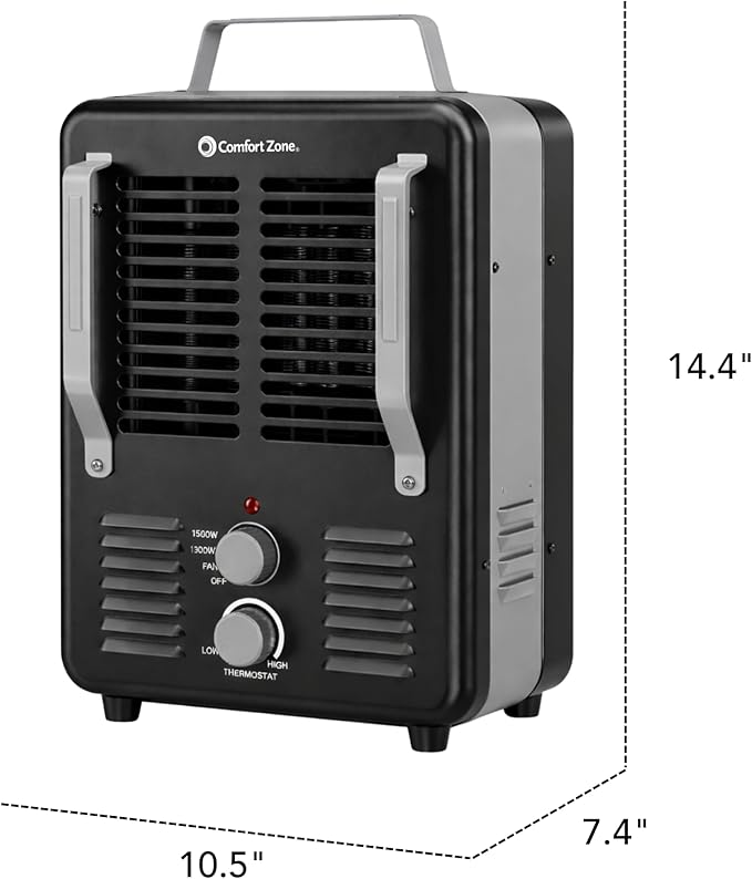 Comfort Zone Electric Portable Milkhouse Style Utility Space Heater with Adjustable Thermostat, Overheat Protection, and Safety Tip-Over Switch, Ideal for Garage or Greenhouse, 1,500W, CZ798BK