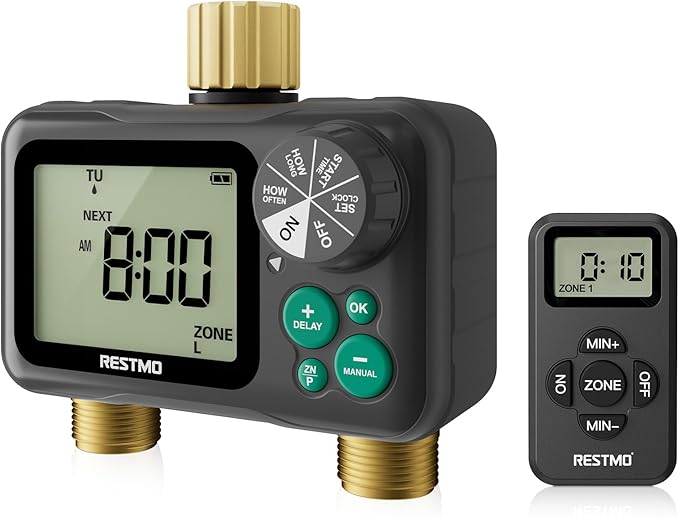 RESTMO Remote Control Brass Sprinkler Timer for Outdoor Hose Faucet 2 Zone, Max 11h59m Programmable Water Timer for Soaker Hose, Misting with Large Dial, Rain Delay/Manual/Automatic Irrigation System