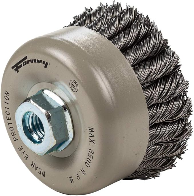 Forney 72868 Wire Cup Brush, Twisted/Knotted Wire, Double Row, Industrial Pro® 4" x .020" Wire with 5/8"-11 Arbor