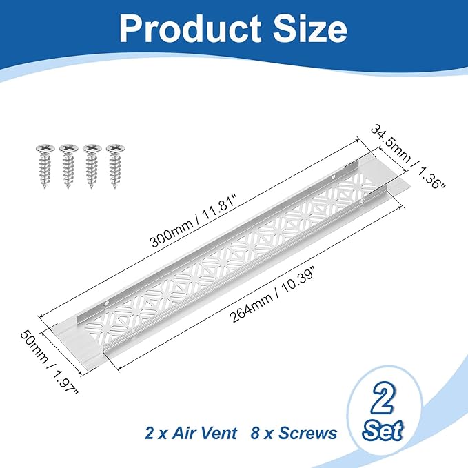 uxcell 2Pcs Aluminum Alloy Air Vents, 300 x 50mm / 11.8 x 2" Rectangle Louvered Ventilation Grille Cover with Mounting Screws for Door Cabinet Wardrobe, Silver