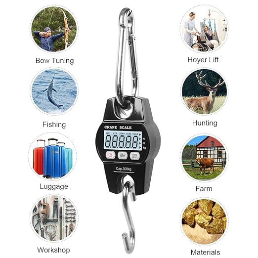 Fuzion Hanging Scale 660lb, Heavy Duty Crane Scale, Aluminum Body, Stainless Steel Hook, Hoyer Lift Scale with Hold/Tare, Digital Hanging Scales for Farms, Hunting, Fishing and Weighing Luggage