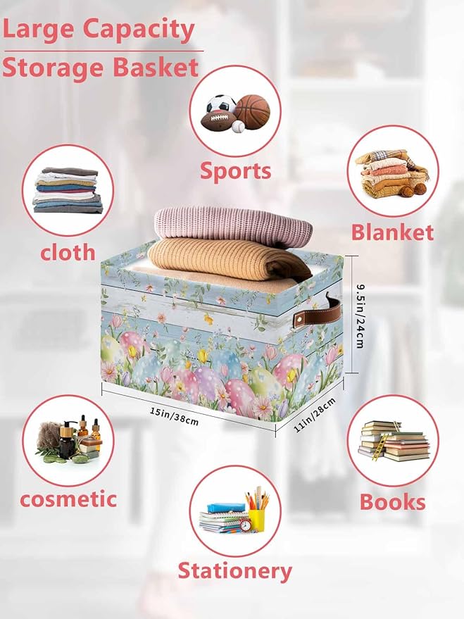 Easter Eggs Storage Bins Cubes Waterproof Cloth Storage Basket,Spring Daisy Eucalyptus Leaves Light Blue Wood Foldable Storage Bags for Shelf Clothes Storages Organizers with Handles 15x11x9.5 in 2PCS