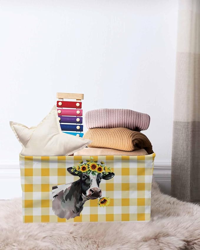 Sunflowers Cow Storage Bins Cubes Waterproof Cloth Storage Basket, Farm Animal Yellow Buffalo Plaid Foldable Storage Bags for Shelf Closet Clothes Storages Organizers with Handles 15x11x9.5 in 2PCS