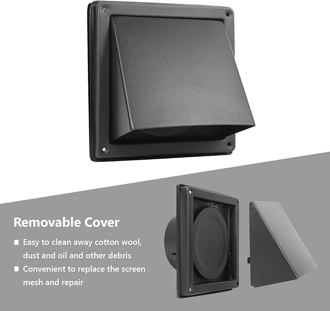 FRESH SPEED 4 Inch Black Dryer Vent Cover Outside Stainless Steel Wall Vent with Removable Cover and Bird Screen Mesh RAL9011