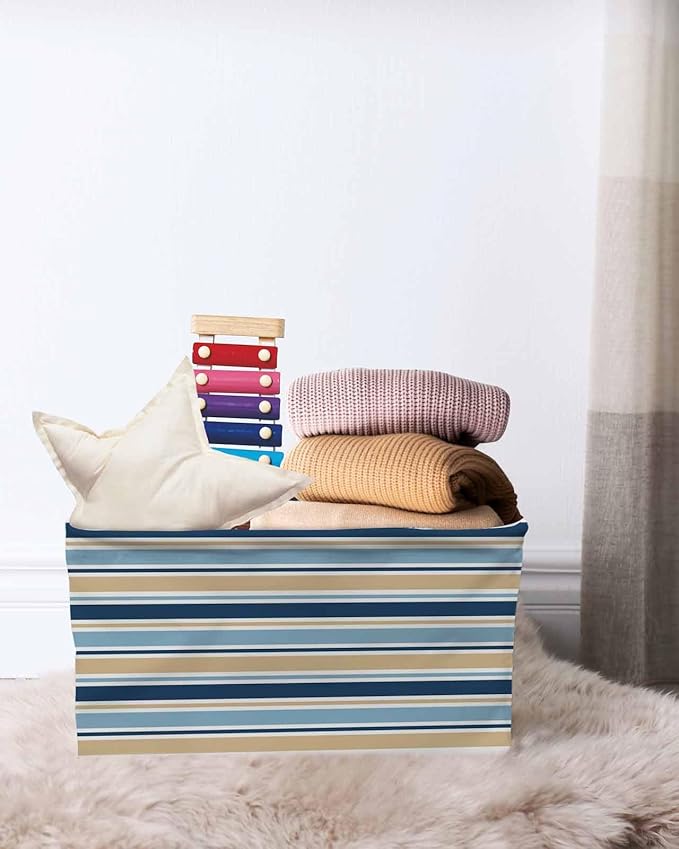 Blue Khaki Striped Storage Bins Cubes Waterproof Cloth Storage Basket,Farmhouse Stripes Modern Abstract Art Foldable Storage Bags for Shelf Clothes Storages Organizers with Handles 15x11x9.5 in 2PCS