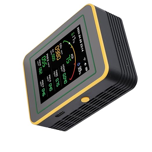 Air Quality Detector, 15 in 1 WiFi APP Control CO2 HCHO TVOC PM2.5 PM10 Monitor, Humidity Temperature Detector with Smart Timer & Curve Recording, Ideal for Indoor Air Quality (Black Yellow)