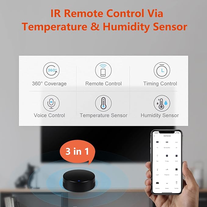 Smart IR Remote Control with Temperature and Humidity Sensor, 2.4G WiFi Universal Infrared Remote Control Hub with Thermometer Hygrometer for Smart Home Automation,Compatible with Alexa & Google Home