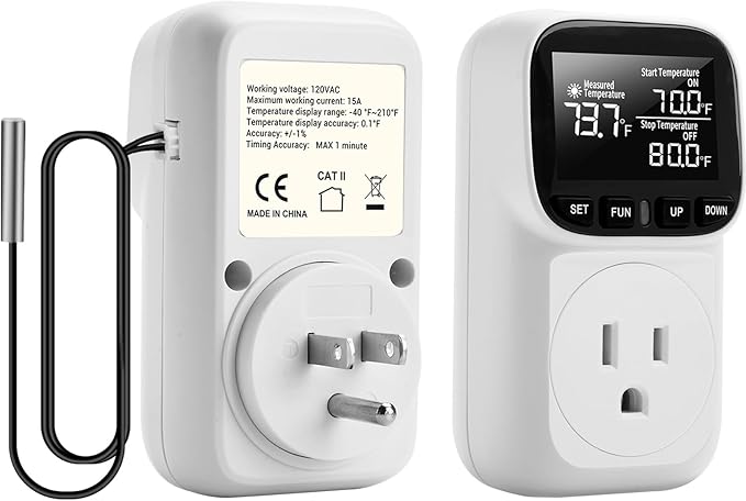 Diymore Digital Temperature Controller Outlet - Precise Heating/Cooling Control for Greenhouse, RV & Incubator (5A/1800W, -40°F to 210°F)