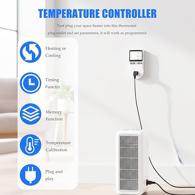 New Digital Plug-in Thermostat Outlet with External Temperature Probe - Energy Saving Controller for Infrared Heaters, for Greenhouse, for Incubator (Timer, Heating/Cooling Mode, 1800W Max)
