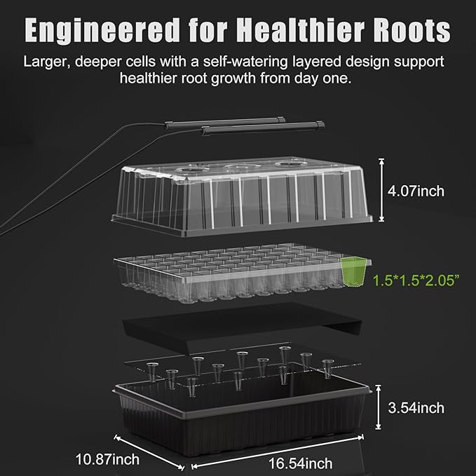 60 Cell Self-Watering Seed Starter Tray with Grow Light and Heat Mat,Seed Starter Kit,Humidity Domes,Auto Timer,Flexible Brightness Seedling Starter Trays for Seed Starting & Seeds Growing
