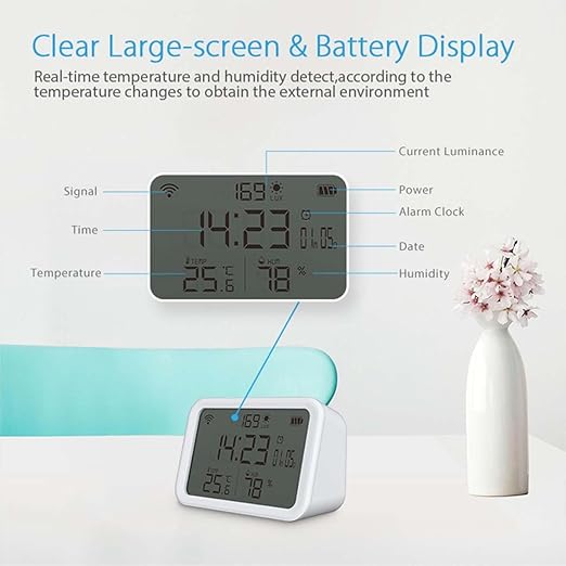 WiFi Thermometer Hygrometer, Smart Indoor Bluetooth Temperature Humidity Sensor with App Alerts, Temperature Humidity Time & Light Monitoring 4-in-1 Perfect for Greenhouse Home RV Wine Cellar