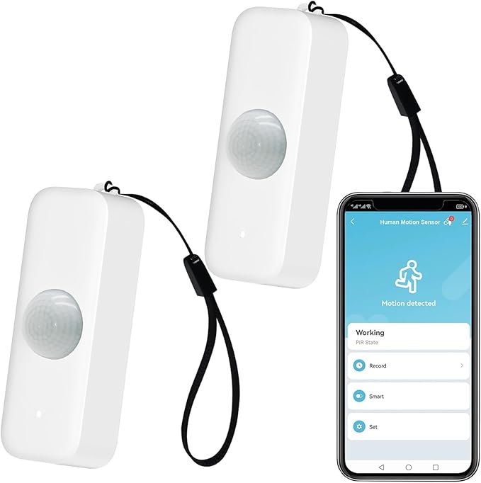 PHOVOLT WiFi PIR Motion Sensor: Smart Indoor with App Notification Alert and Recording Infrared Motion Detector for Remote Monitoring and Home Automation with Lanyard (2pack)