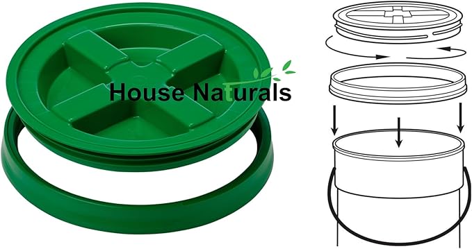 House Naturals 5 Gallon Food Grade BPA Free Made in USA Pails Gray Bucket with Screw On Air Tight Lid (2, Gray with Green lids)