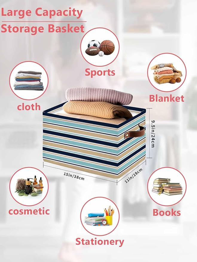Khaki Striped Storage Bins Cubes Waterproof Cloth Storage Basket,Navy Blue Farmhouse Stripes Modern Abstract Art Foldable Storage Bags for Shelf Storages Organizers with Handles 15x11x9.5 in 2PCS