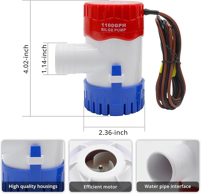 HXH 12V 1100GPH Bilge Pump with Hose Kit for Boats, Includes Thru-Hull Fitting, 2 PCS Stainless Steel Hose Clamps,1-1/8 Inch Flexible PVC Hose