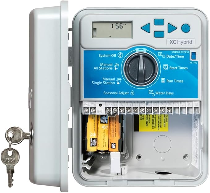 Hunter XC -600 Hybrid Battery Powered Irrigation Controller, 6 Zone Sprinkler Timer, Indoor and Outdoor Use, Waterproof, Programmable Lawn and Garden Watering System
