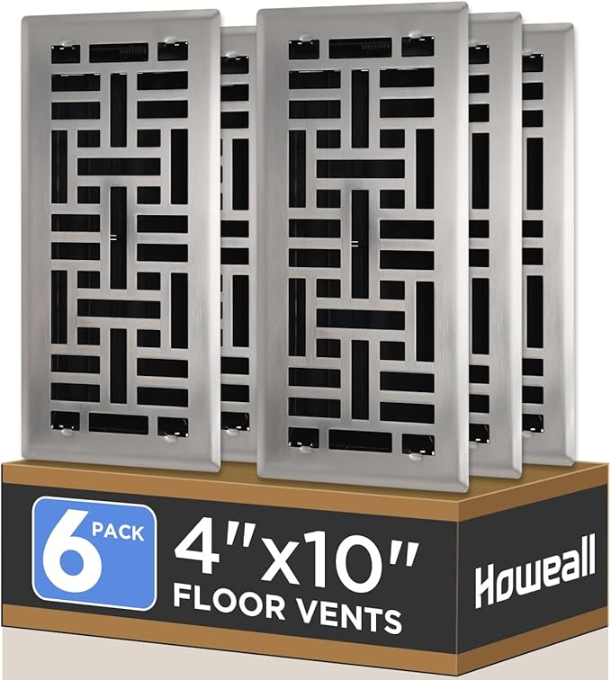 Howeall 4x10 Inches 6 Pack Heavy Duty Walkable Floor Register - Easy Adjust Air Supply Lever Decorative Floor Vent Covers, Seattle Design Vent Covers for Home - Satin Nickel