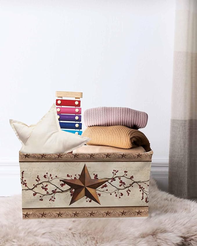 Farmhouse Texas Star Brown Storage Bins Cubes Waterproof Cloth Storage Basket, Berry Vintage Wooden Foldable Storage Bags for Shelf Closet Clothes Storages Organizers with Handles 15x11x9.5 in 1PCS