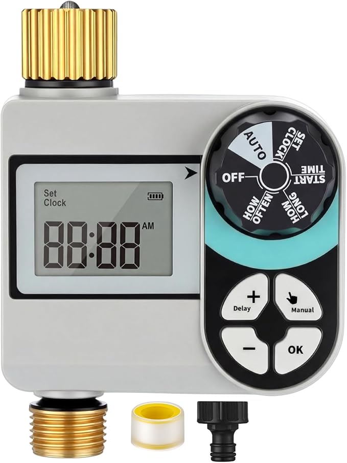 Kingdder Sprinkler Timer for Yard with Brass Inlet and Outlet Watering Timer for Garden Hose Timers Automatic Irrigation System with Rain Delay/Manual/ IP54 Waterproof(1 Outlet)