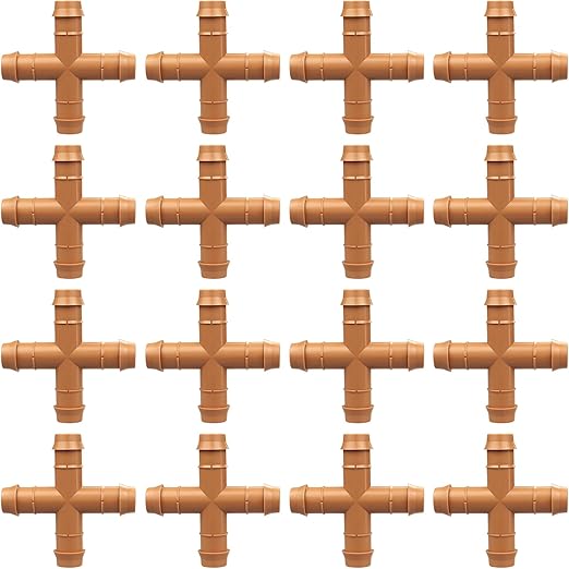 Drip Irrigation Fittings Barbed Cross Tee for 1/2" Irrigation Tubing(0.600" ID), 16 Pieces Barbed 4 Way Connectors, Drip Line 4 Way Couplings for Drip Sprinkler Garden Lawn Systems