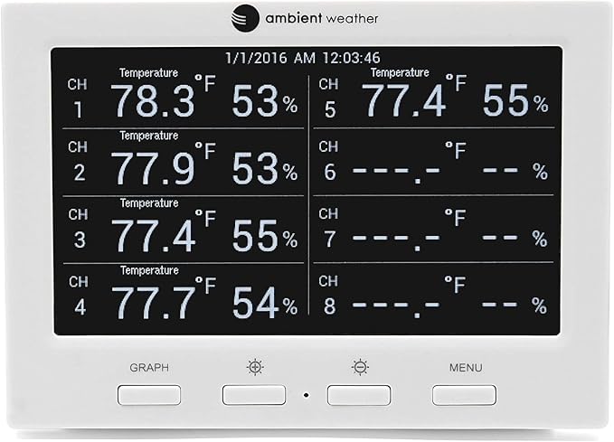 Ambient Weather WS-3000-X8 Thermo-Hygrometer Wireless Monitor w/ 8 Remote Sensors - Logging, Graphing, Alarming, Radio Controlled Clock