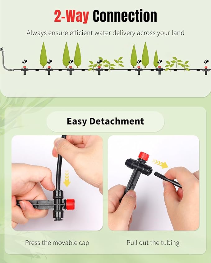 Pawfly 60 Pcs Push-to-Fit Drip Irrigation Emitters for 1/4 Inch Tubing with Stake & End Plugs, Two-Way Connection Irrigation Drippers, 8-Stream Sprinklers Drip Emitters with Adjustable Water Flow