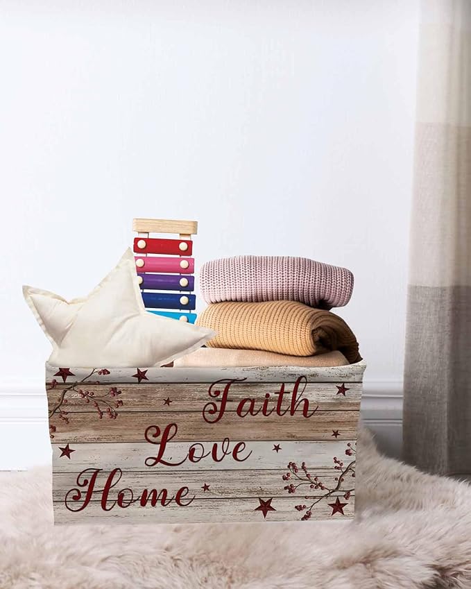 Vintage Farmhouse Storage Bins Cubes Waterproof Cloth Storage Basket,Brown Country Star Berries Wooden Grain Foldable Storage Bags for Shelf Clothes Storages Organizers with Handles 15x11x9.5 in 2PCS