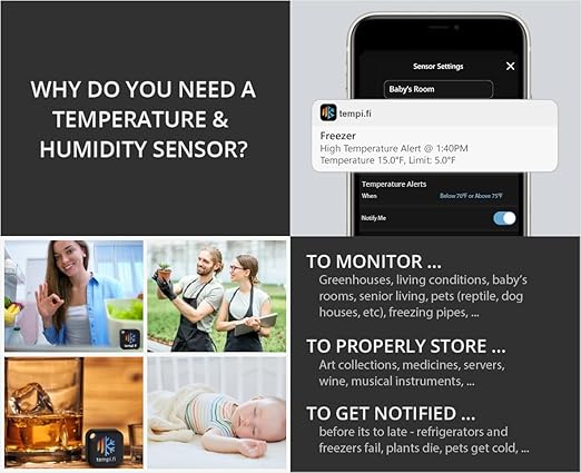 (3) tempi.fi Mini Wireless Temperature and Humidity Sensors - Developed in The USA - 24/7 Data Logger with Alarm – Bluetooth Smart Thermometer and Hygrometer - Bluetooth Only - Not Wi-Fi