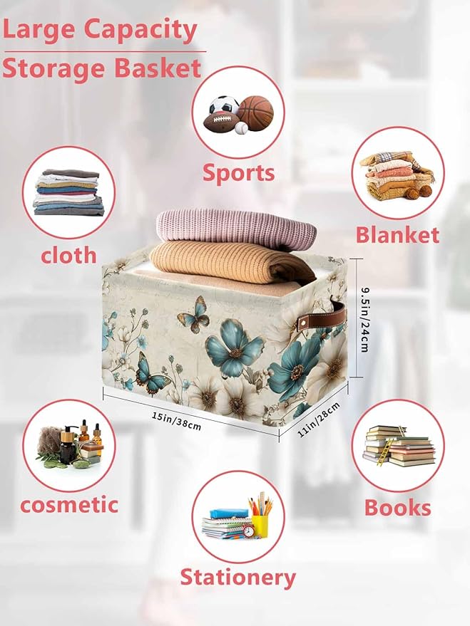 Teal Tulip Butterfly Storage Bins Cubes Waterproof Cloth Storage Basket,Turquoise Floral Farmhouse Beige Foldable Storage Bags for Shelf Clothes Storages Organizers with Handles 15x11x9.5 in 1PCS