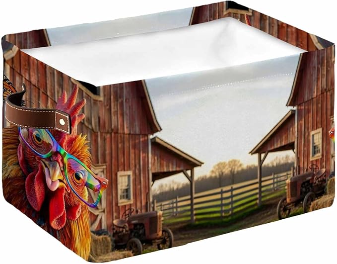 Farm Rooster Storage Bins Cubes Waterproof Cloth Storage Basket, Farmhouse Barn Funny Animals Butterfly Foldable Storage Bags for Shelf Clothes Storages Organizers with Handles 15x11x9.5 in 1PCS