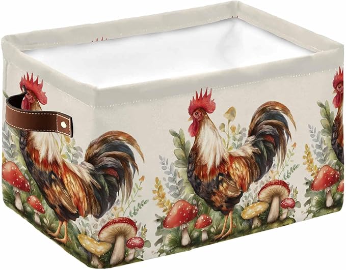 Farmhouse Rooster Storage Bins Cubes Waterproof Cloth Storage Basket, Rustic Farm Mushroom Eucalyptus Leaves Foldable Storage Bags for Shelf Closet Clothes Organizers with Handles 15x11x9.5 in 1PCS