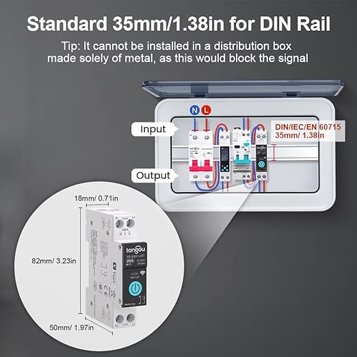 TONGOU DIY 1P+N Smart Wi-Fi Switch, Work with Alexa and Google Assistant for Voice Control, 20A with Energy Monitor, Smart Life/Tuya APP Remote Control, Timer Functions, DIN Rail Mounted,FCC Certified