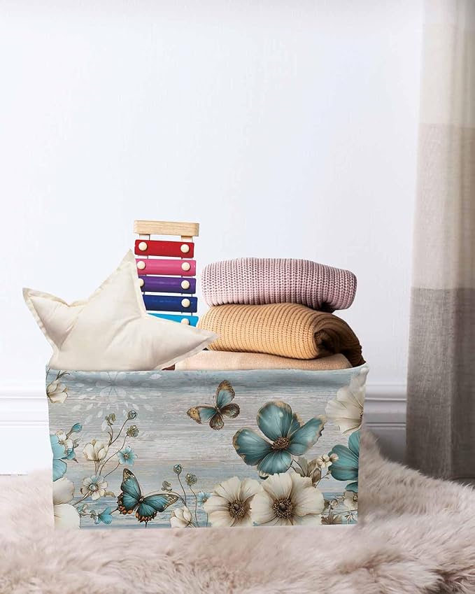 Teal Tulip Butterfly Storage Bins Cubes Waterproof Cloth Storage Basket,Beige Turquoise Floral Farmhouse Blue Foldable Storage Bags for Shelf Clothes Storages Organizers with Handles 15x11x9.5 in 1PCS