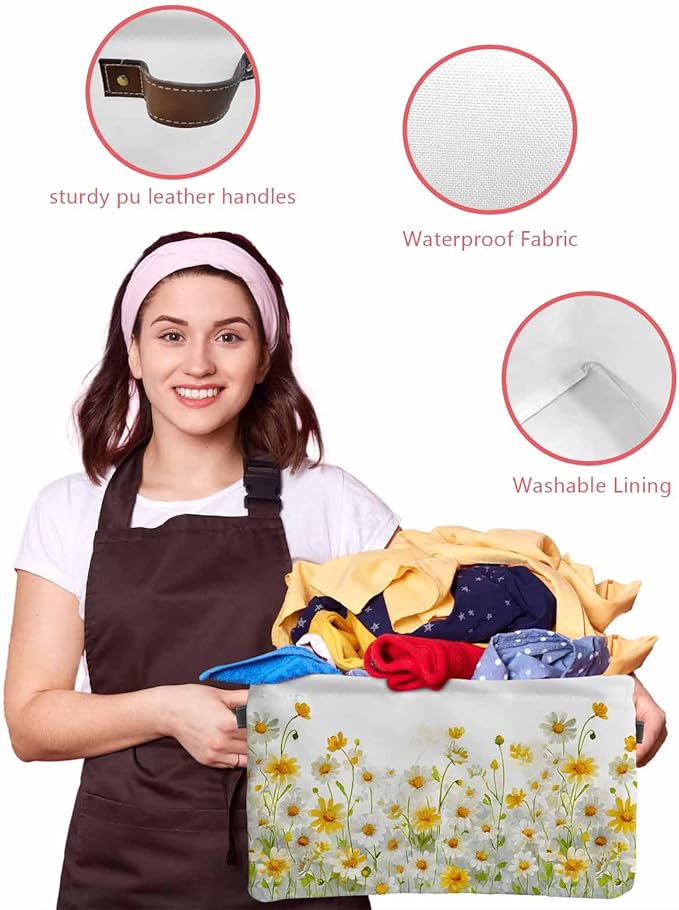 Yellow White Daisy Storage Bins Cubes Waterproof Cloth Storage Basket, Farmhouse Garden Flowers Blossom Foldable Storage Bags for Shelf Closet Clothes Organizers with Handles 15x11x9.5 in 1PCS